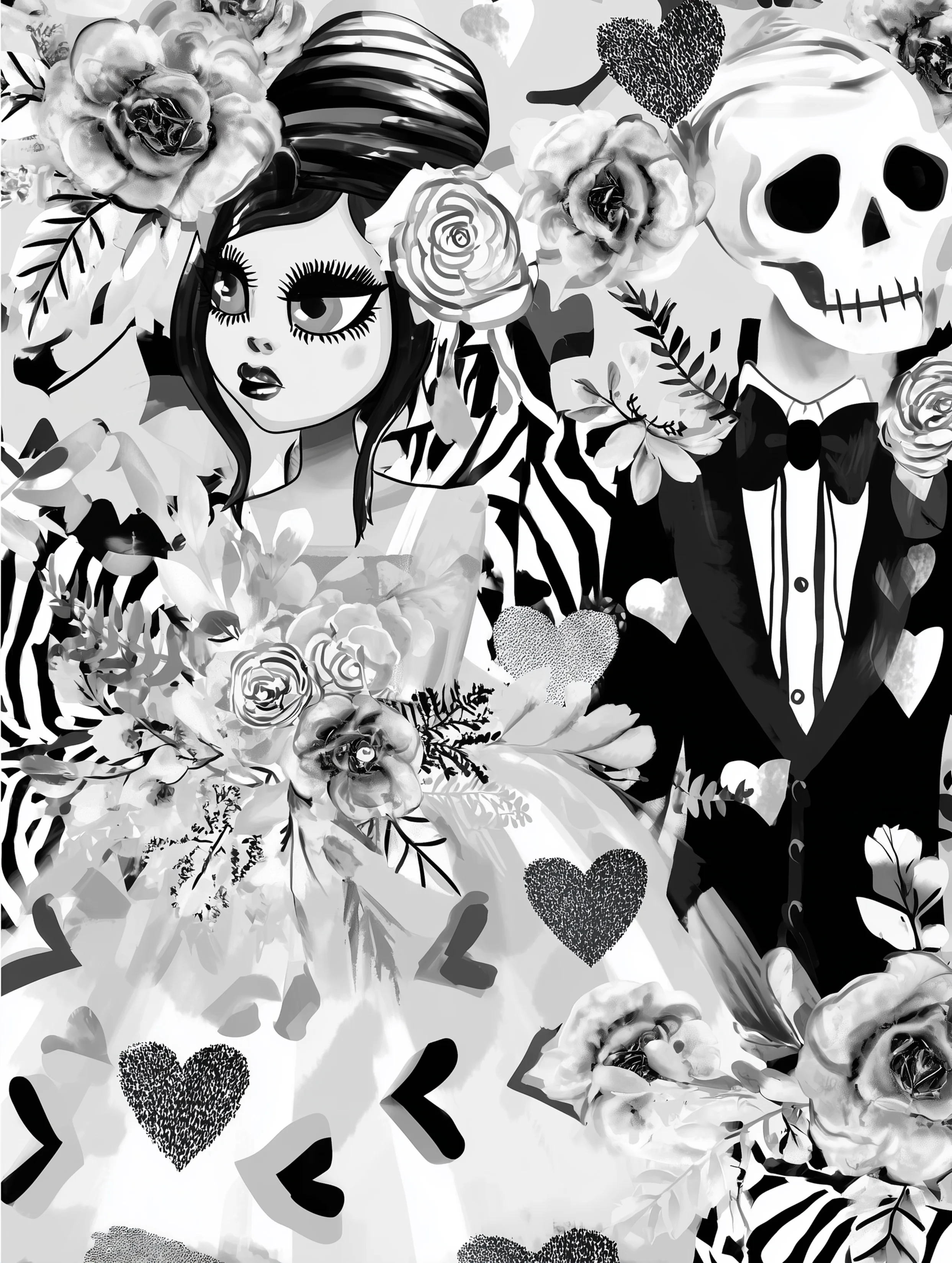 Free printable vampire coloring page for adults featuring a vampire and skeleton wedding